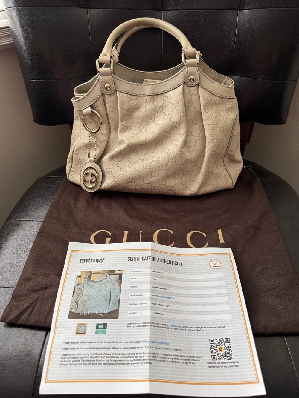 Gucci Cream GG Monogram Guccissima Leather Shoulder Bag with Gold-Tone Charm